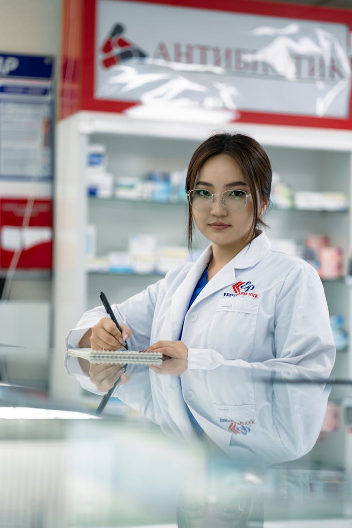 gallery-1 Female pharmacist writing in notepad inside a pharmacy.